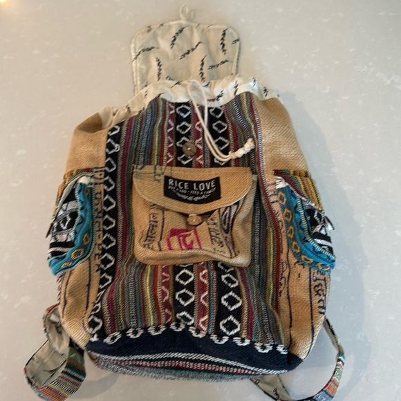 Rice Love Recycled Burlap Multicolor Boho Print Rice Bag Travel Backpack - Picture 4 of 15